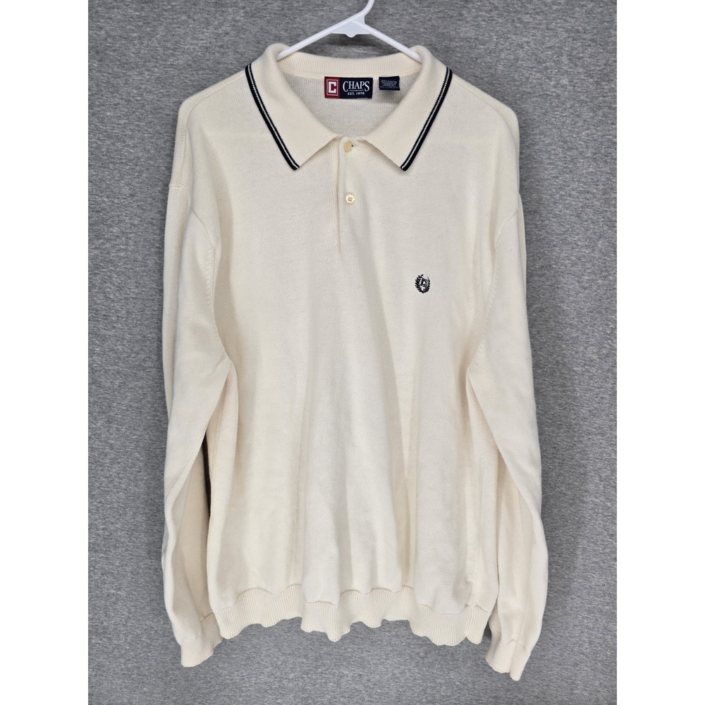 Chaps‎ Vintage Cream Cotton Long-Sleeve Polo Knit Sweater Minor Flaws XL Grandpa